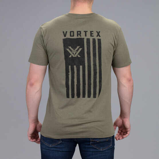 Vortex Optics Salute Short Sleeve T-Shirt in Olive Heather with flag design on back